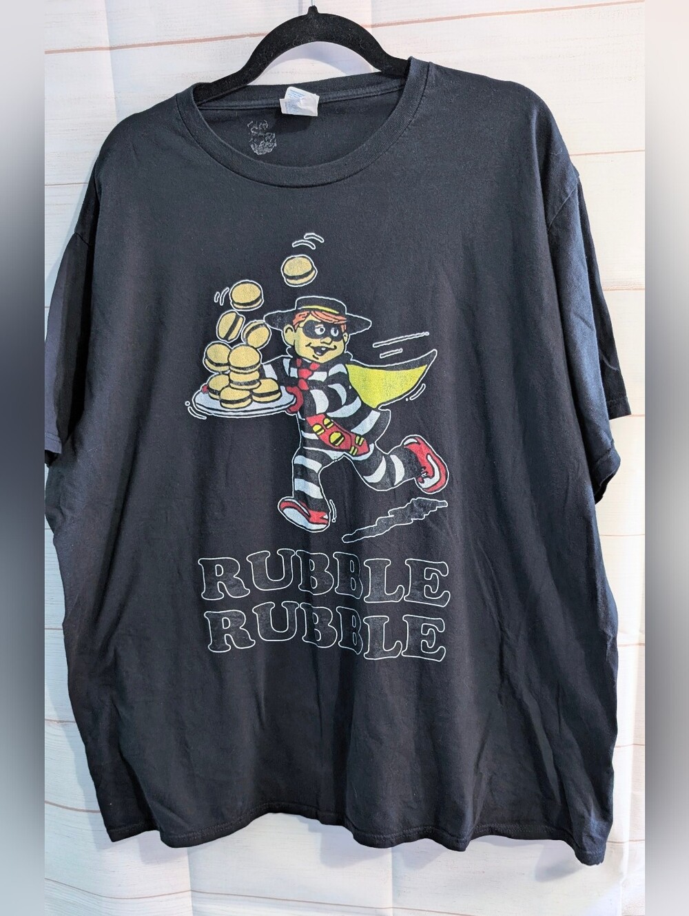 RARE Mc Donalds 😮 Black Graphic 'Rubble Rubble' Burger Thief Tee Size 2XL